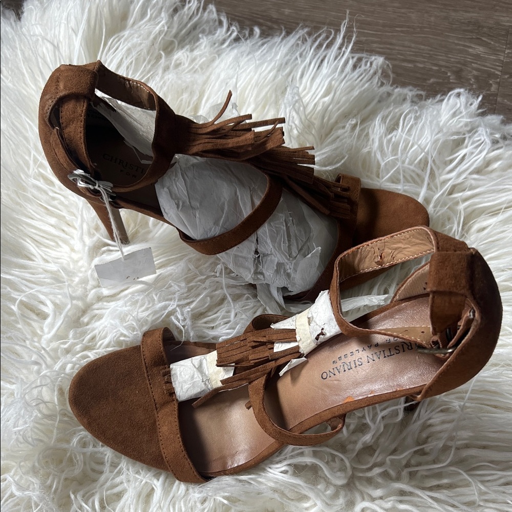 Christian Siriano Tan Suede Fringe Heels